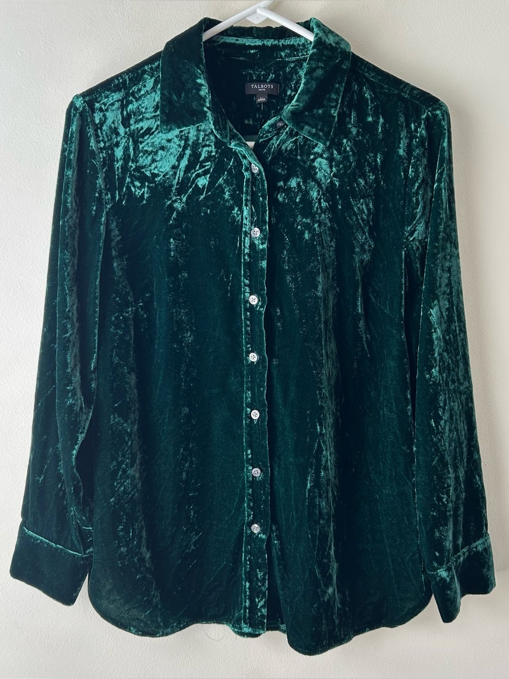 Talbots Crushed Velvet Button Front Shirt Top Forest Green LP